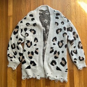 Leopard cardigan sweater, grey, large